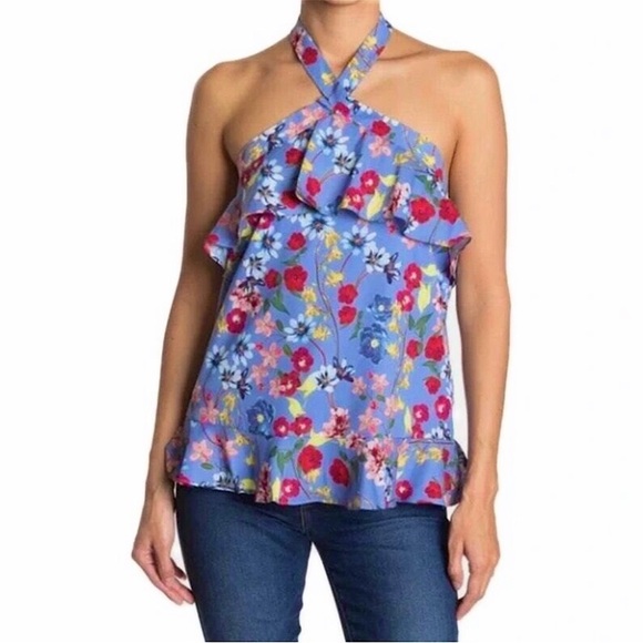NWT PARKER Purple Lilac Sevilla Floral Halter Neck Ruffle Top Blouse Size M - Picture 1 of 16
